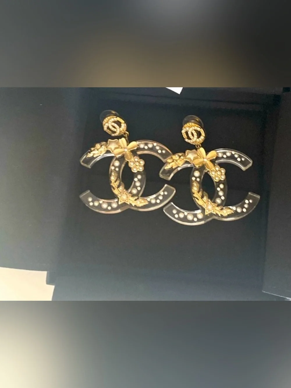 Double C Acrylic Logo Ornate Gold- Tone Star ⭐️ and Pearl Accent Dangle Earrings